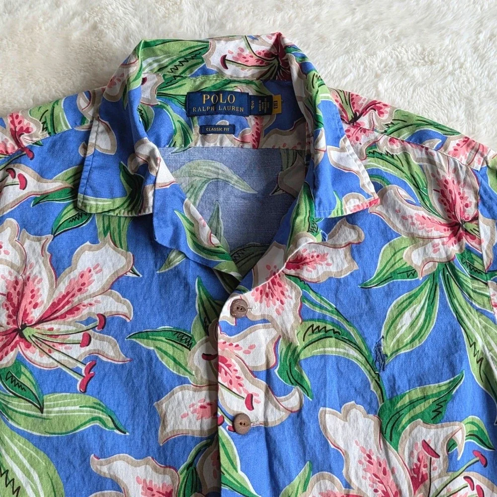 Polo Ralph Lauren Camp Short Sleeve Shirt Blue Floral Lily Cotton Men's Small